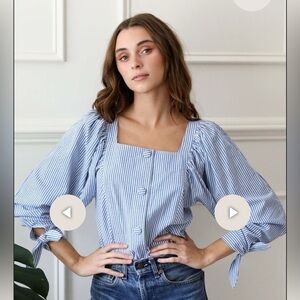 Mille Resort Wear Cottagecore Blue and White Striped Long Sleeve Shirt Size L